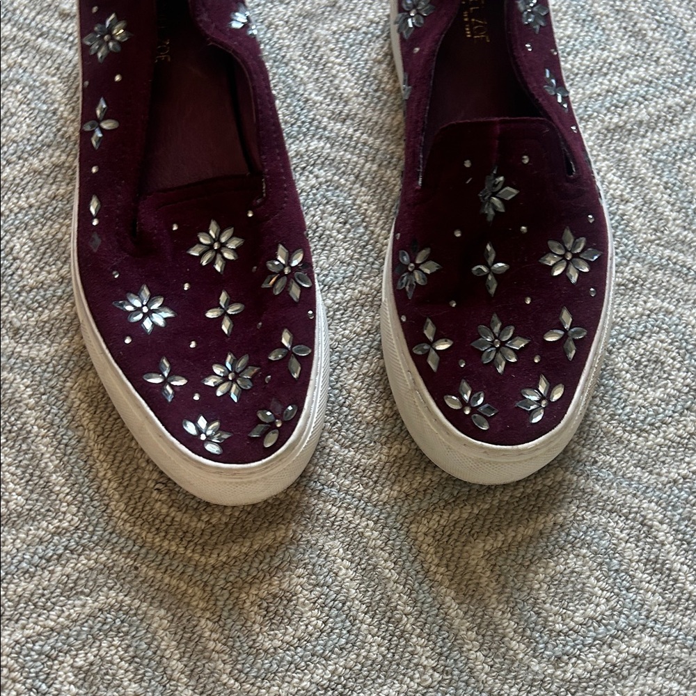 Rachel Zoe Burgundy Slip-On Sneakers with Silver Floral Design